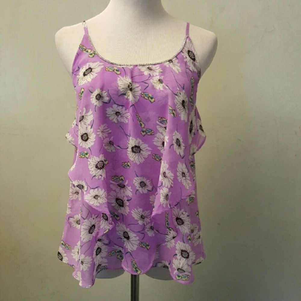Floral ruffle Rhinestone spaghetti strap sheer summer top women's size M (60)